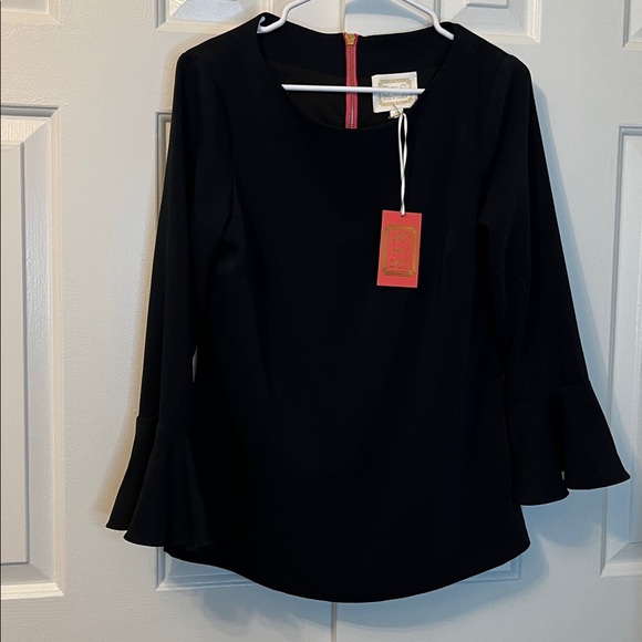 NWT Sail to Sable Flouncy Crepe Blouse Black Gold Zipper Bell Sleeve Size M - Picture 5 of 8